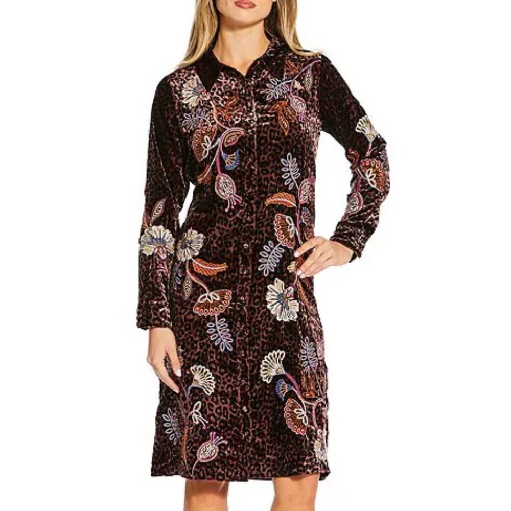 Johnny Was Gineva Leopard Print Floral Embroidered Velvet Dress